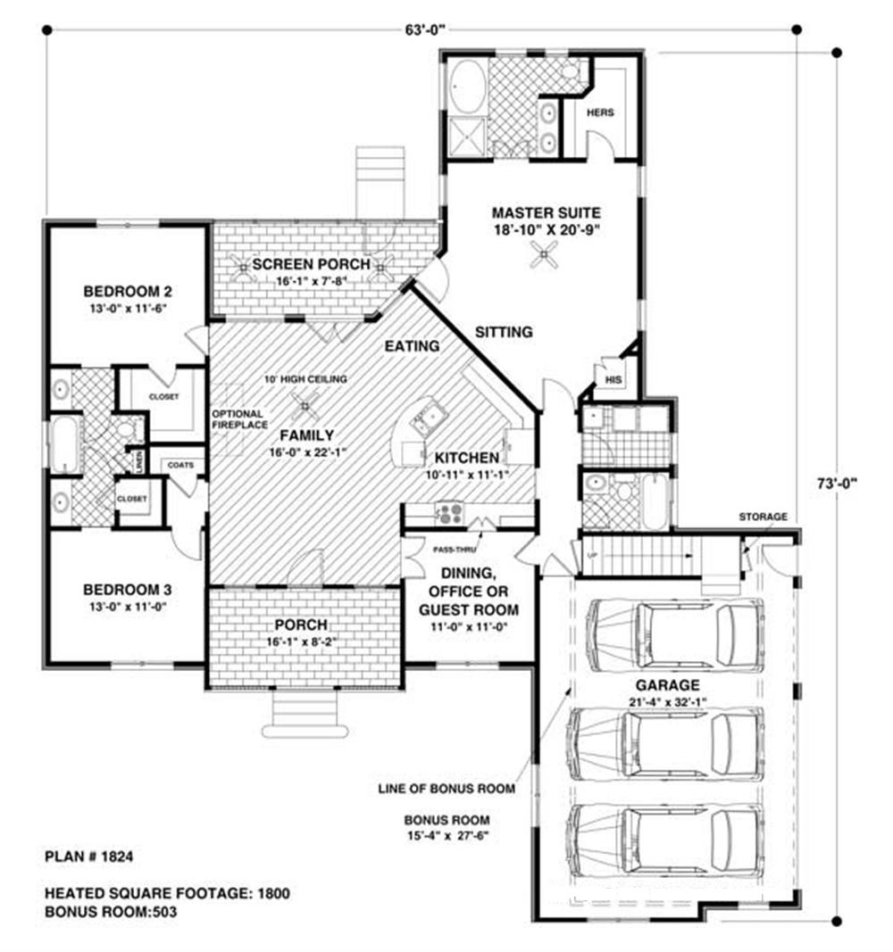 Floor Plan First Story of Craftsman Plan #109-1015